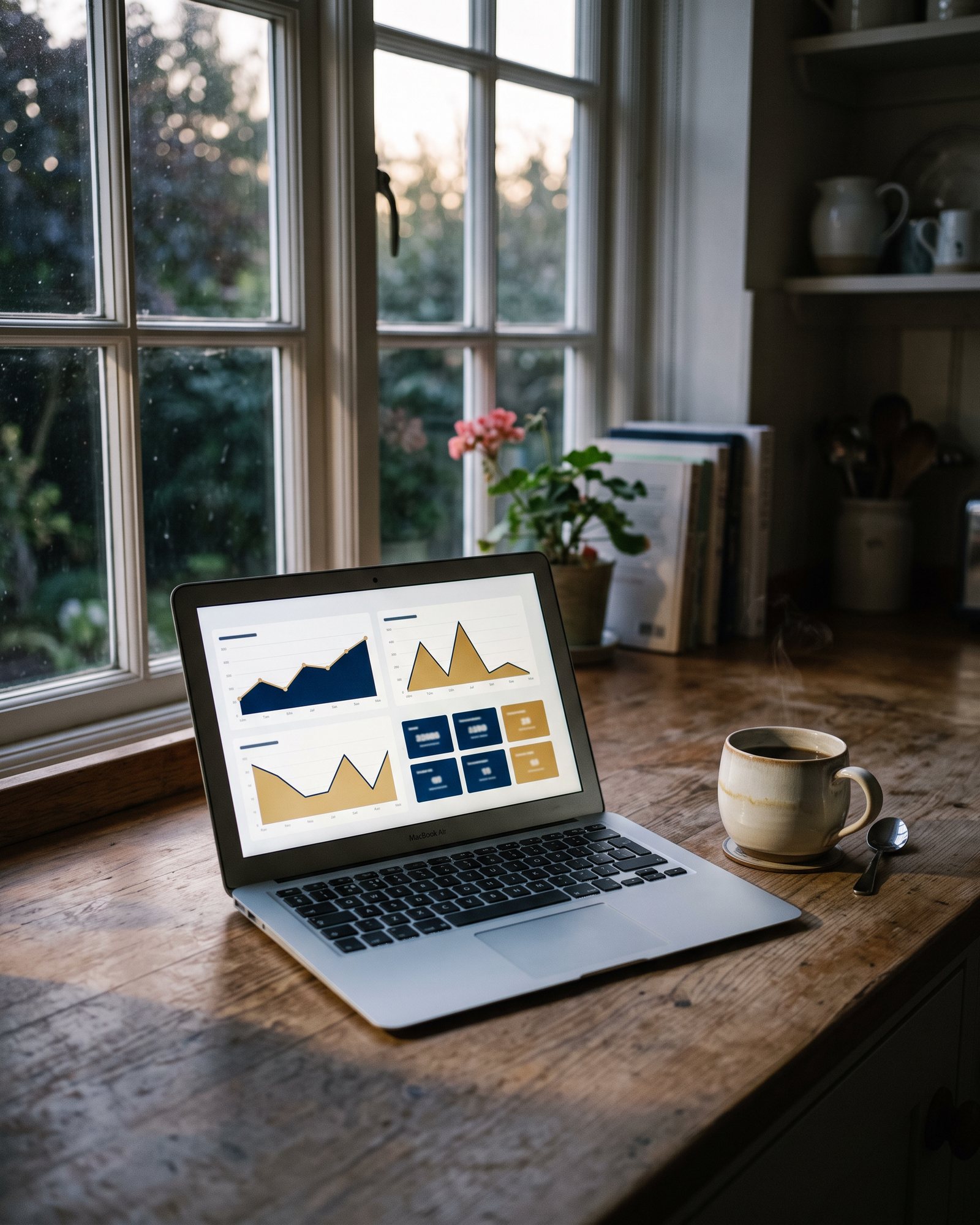 Illustration: a simple business dashboard on a laptop in the morning