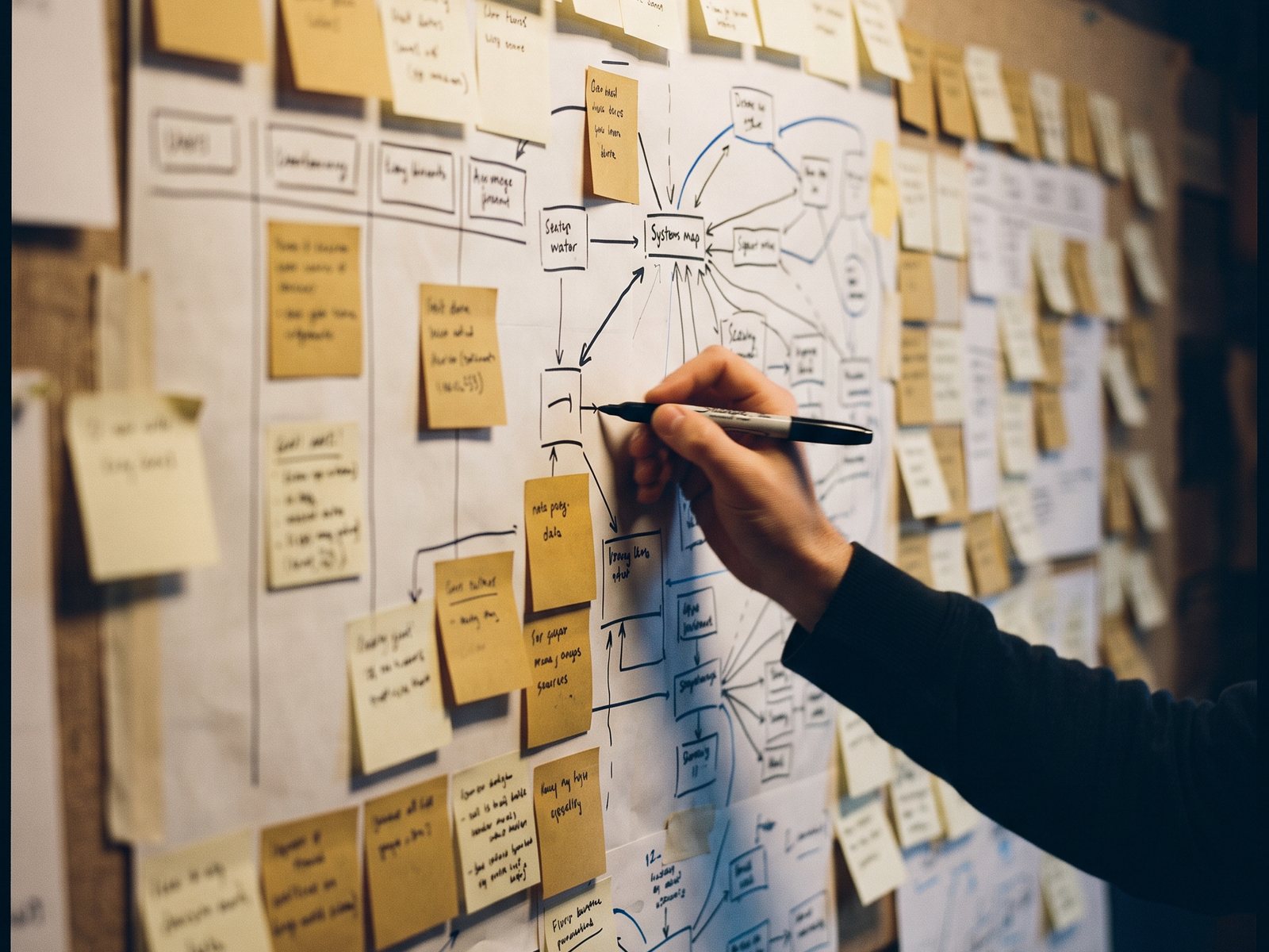 Illustration: a systems map drawn on a wall with sticky notes