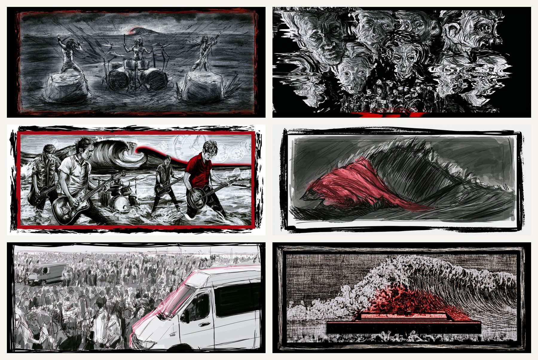 A page of Rogue Wave storyboard frames
