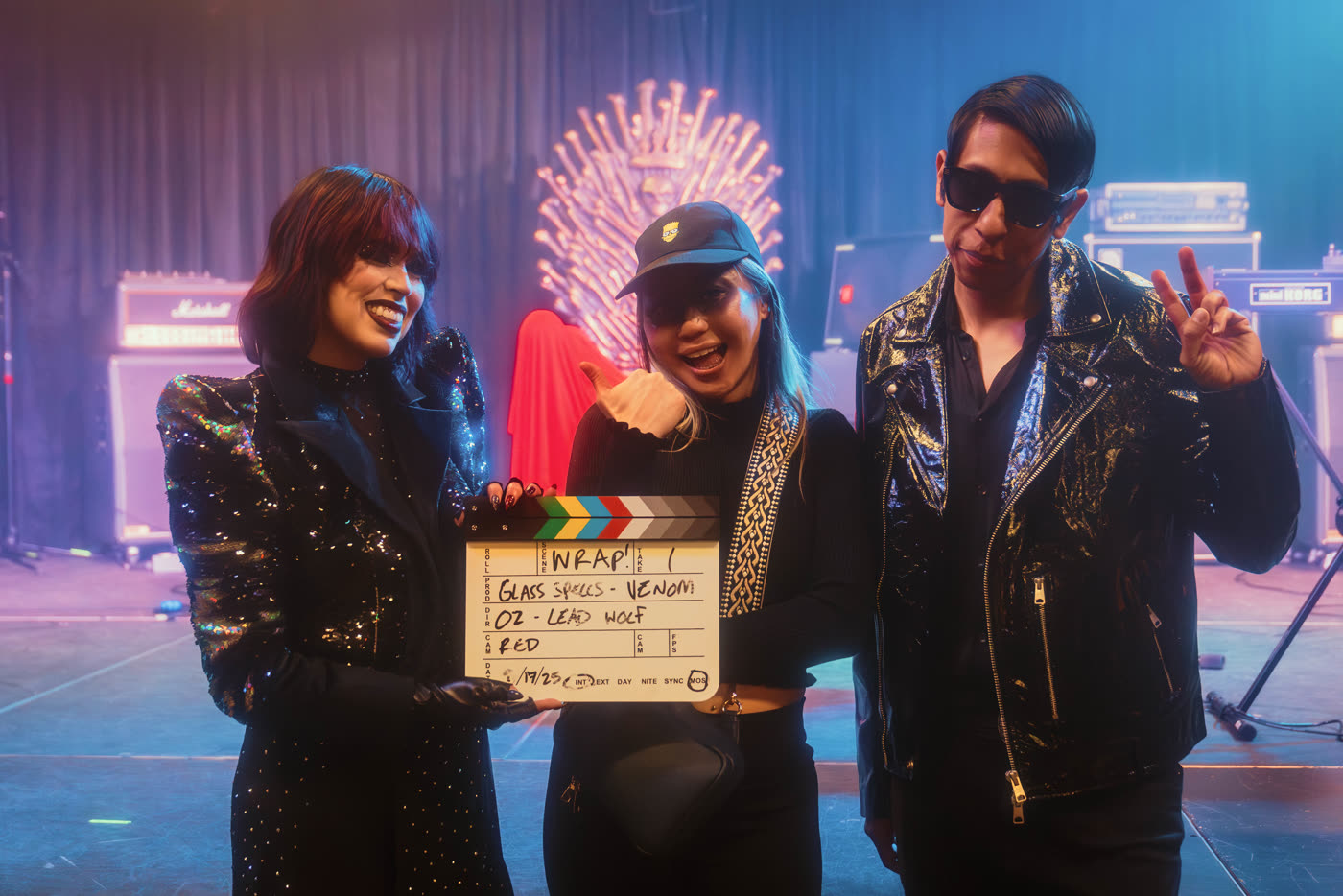 Oz Riveros with the band and the slate on the Venom set
