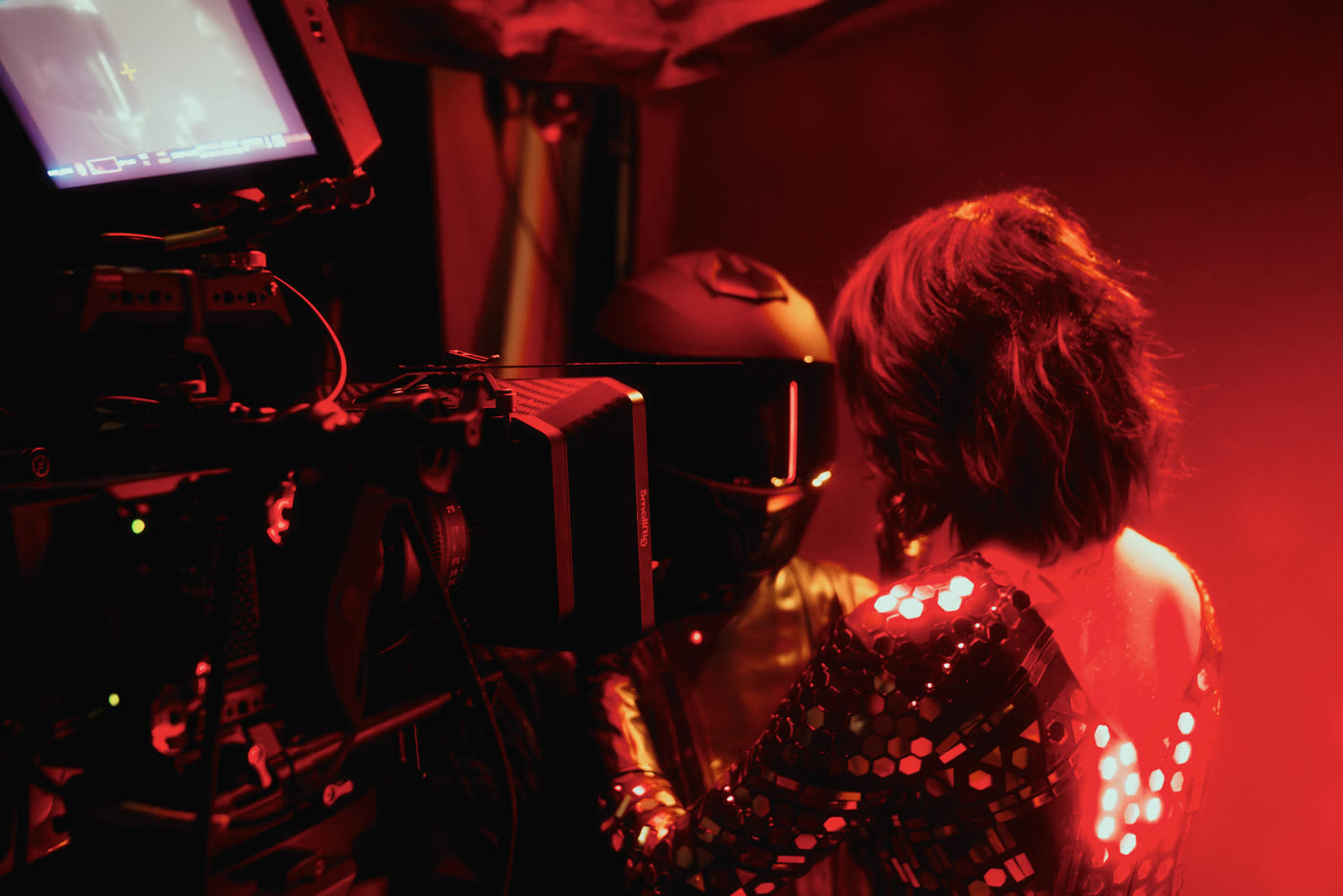 Over-the-shoulder camera setup on the Venom music video