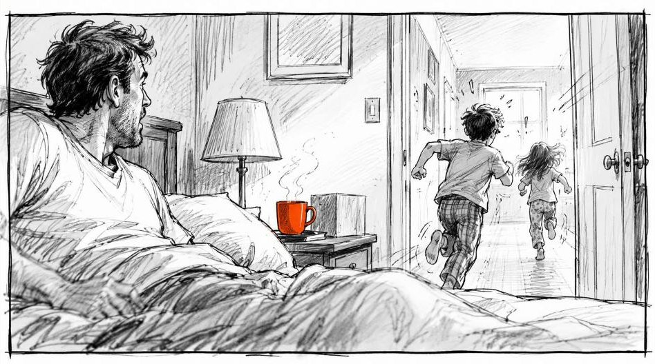 Board — the girls bring Dad his coffee