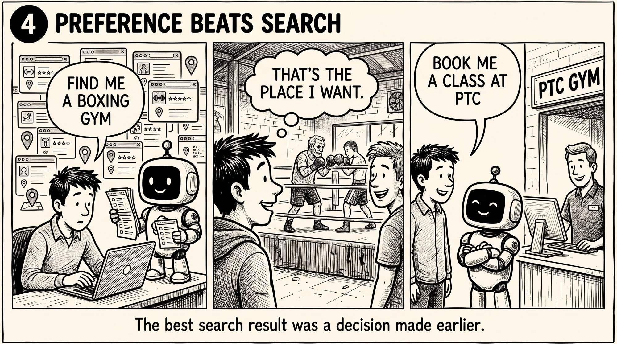 Three panel black and white boxing gym comic comparing a general AI recommendation request with a customer who has already chosen PTC Boxing.