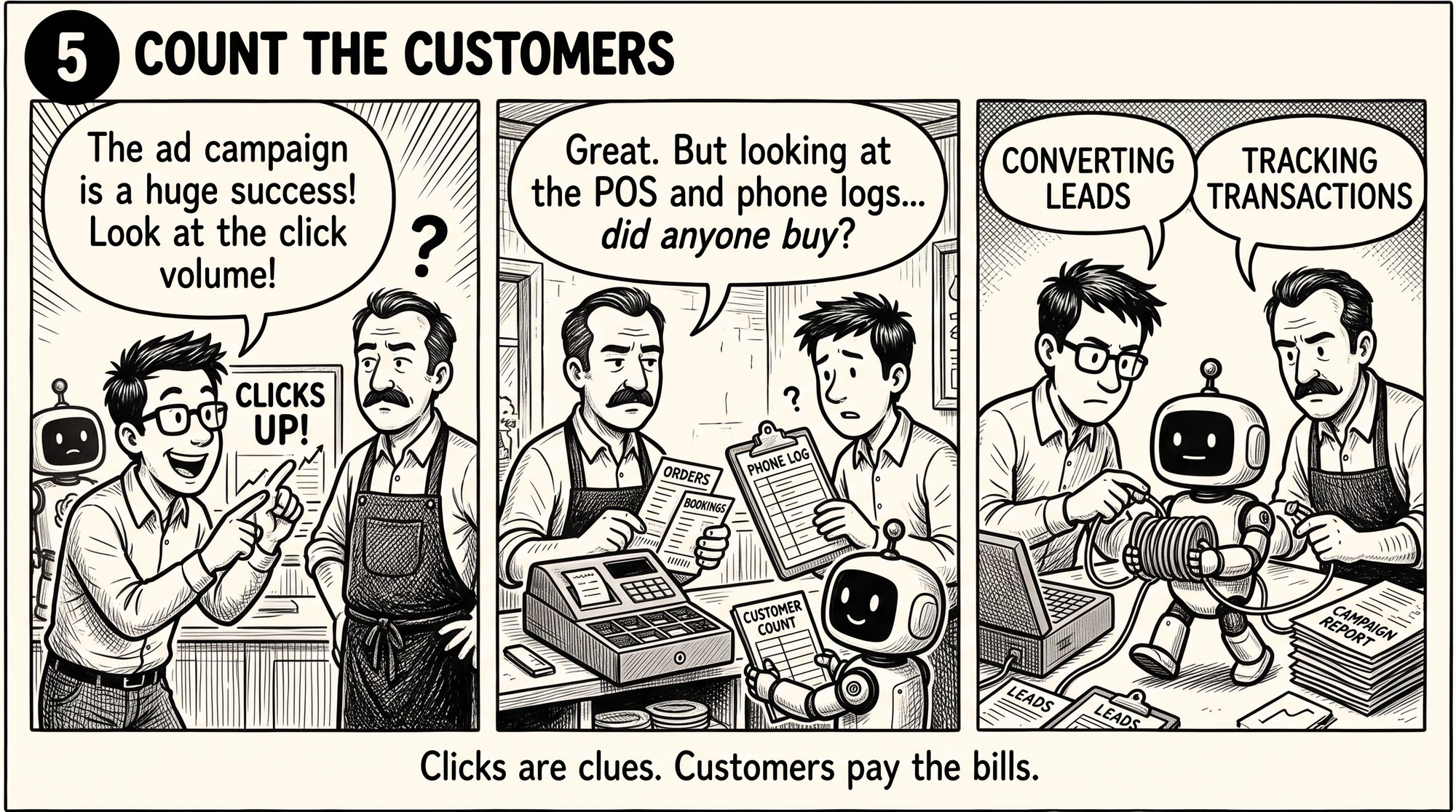 Three panel comic contrasting a marketing report showing more clicks with business owners tracking actual orders, calls, and bookings.